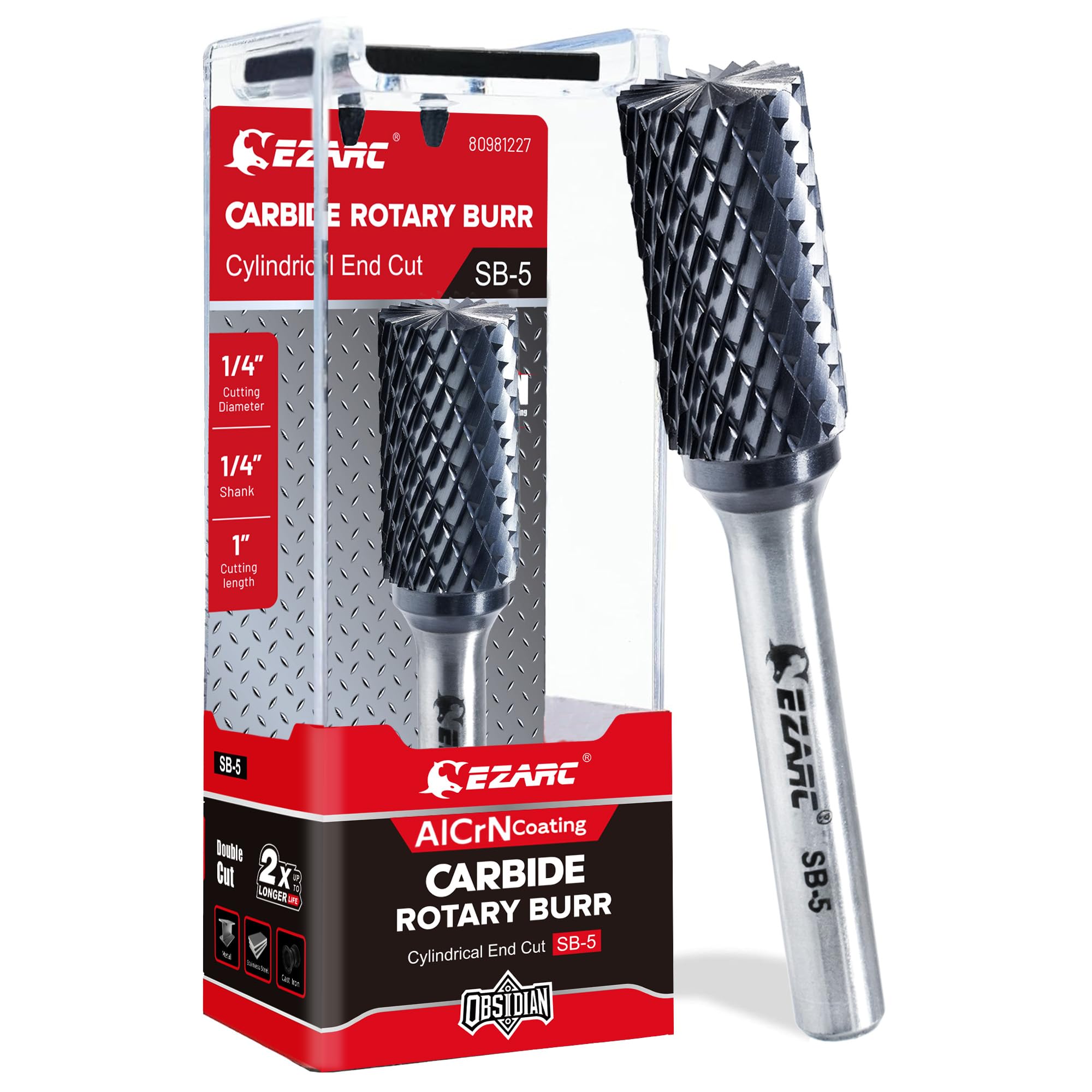 ezarc alcrn carbide rotary burr bit (pro), sb-5 double cut carbide burr 1/4" shank die grinder cutting burrs bit for hard metal working, 1-pack