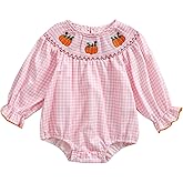 Lenjindjer Toddler Baby Girl Halloween Romper Plaid Pumpkin Embroidery Long Puff Sleeve Smocked Romper Cotton Linen Bodysuit