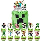 25 Pcs Pixel Styled Gamer Cake Decorations, Happy Birthday Cake Topper, Party Supplies for Boys & Girls