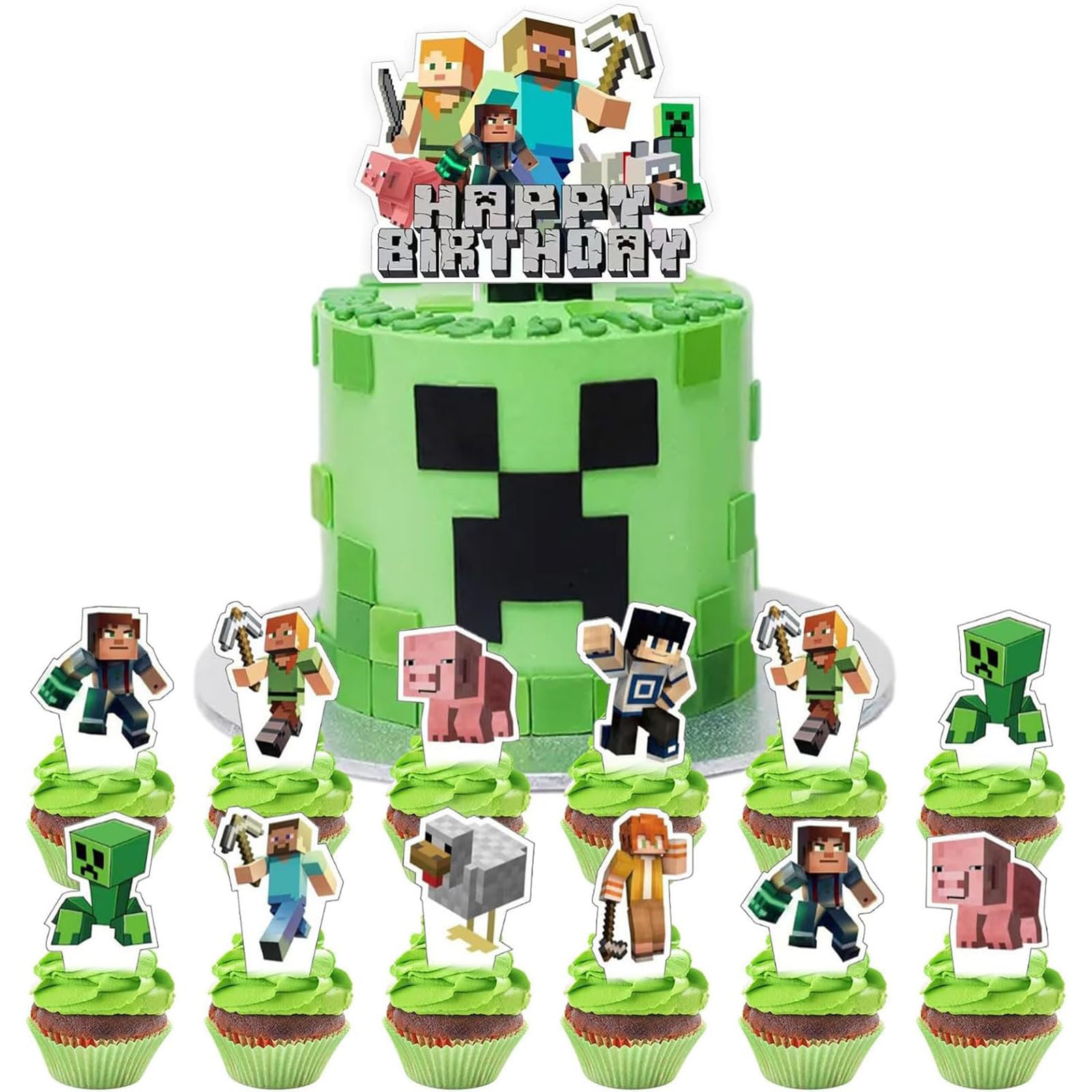 Photo 1 of 25 Pcs Pixel Styled Gamer Cake Decorations, Happy Birthday Cake Topper, Party Supplies for Boys & Girls