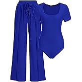 BTFBM Womens Spring 2 Piece Outfits 2026 Summer Square Neck Short Sleeve Drawstring Pants Knit Lounge Matching Sets