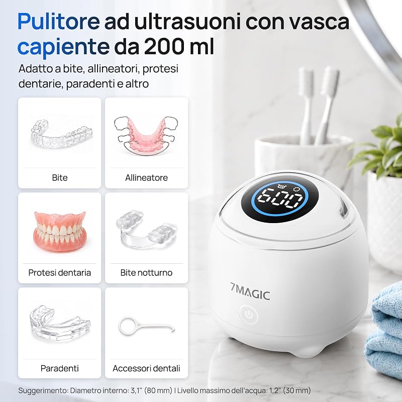 Pulitore ultrasuoni per bite dentale, 48 kHz, UV-C, Bianco