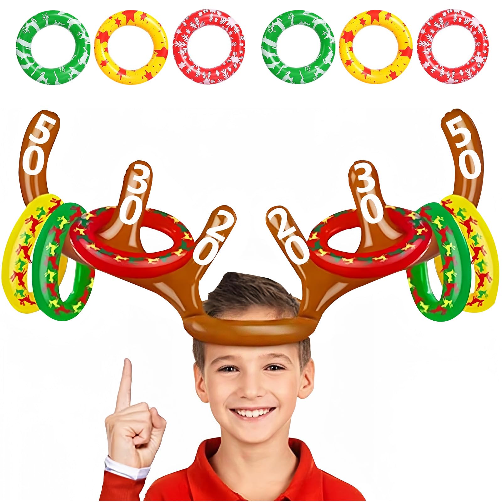 Christmas Party Ring Toss Game, Inflatable Reindeer Antler Hat with 6 Rings, Toss Game Props for Kids, Adults & Family Indoor/Outdoor Fun