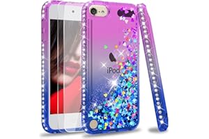 LeYi for iPod 7th Generation Case, iPod 6th Generation Case, iPod 5th Generation Case with [2 Pack] Tempered Glass Screen Protector for Girls Women, Glitter Liquid Clear Phone Case (Purple/Blue)