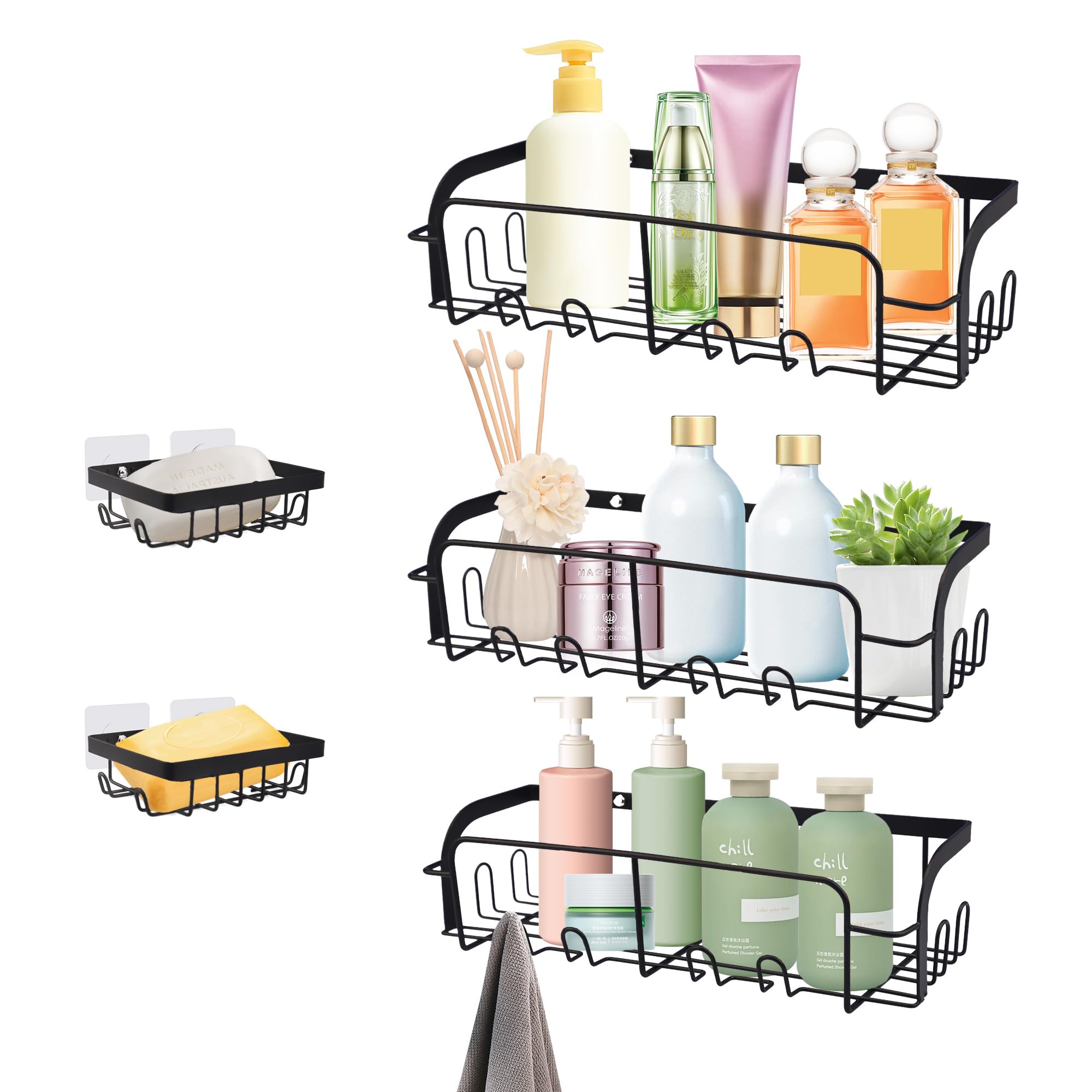 Evenpop 5 Pack Shower Caddy, No Drilling, Rustproof Shower Shelf with Soap Holder and Hooks with 20 Hooks, Rustproof Bathroom Kitchen Storage & Organisation, Black
