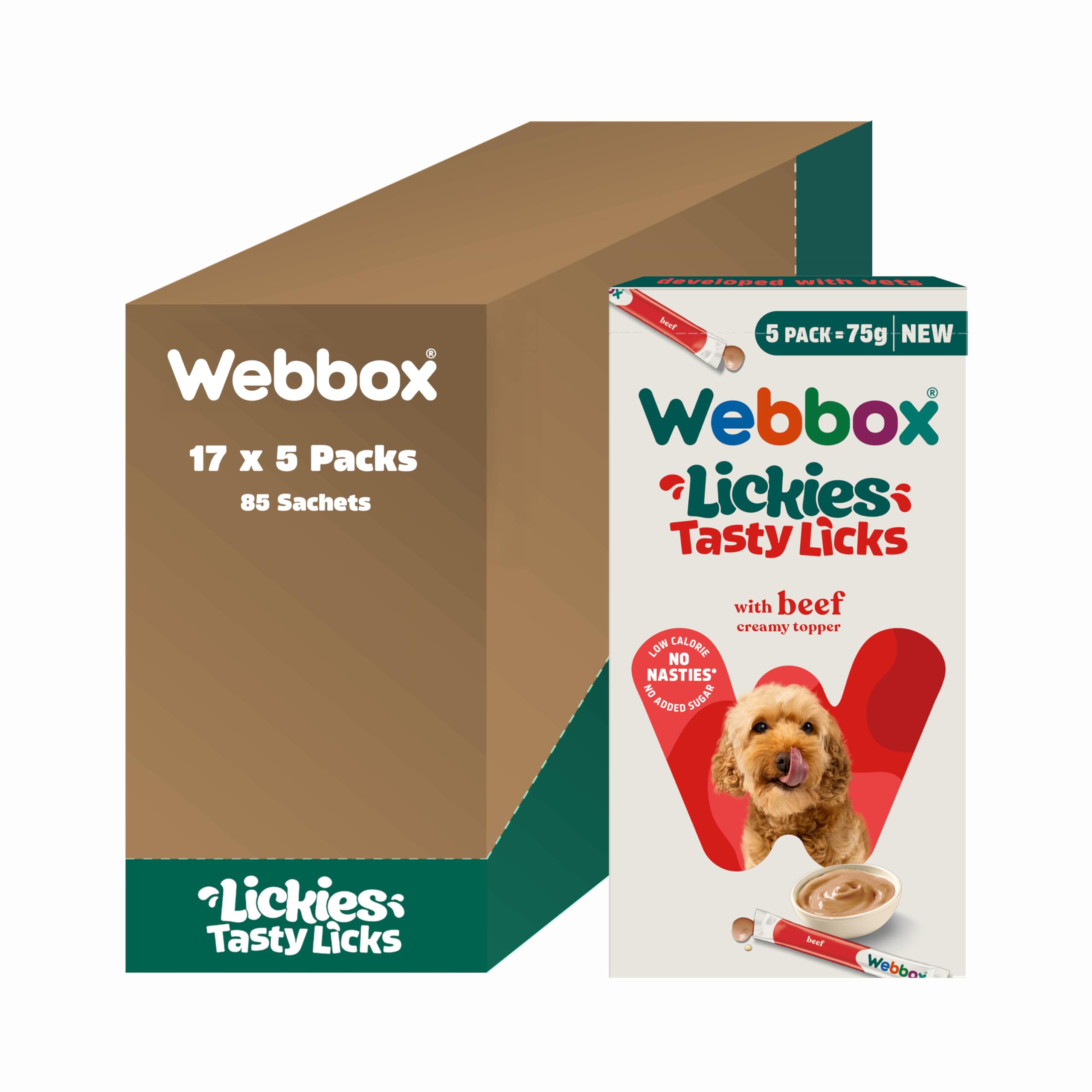 Webbox Lickies Tasty Licks Creamy Dog Treats, Beef - Wheat & Grain Free, Puppy-Friendly, No Nasties, Low in Calories (17 x 5 Packs)