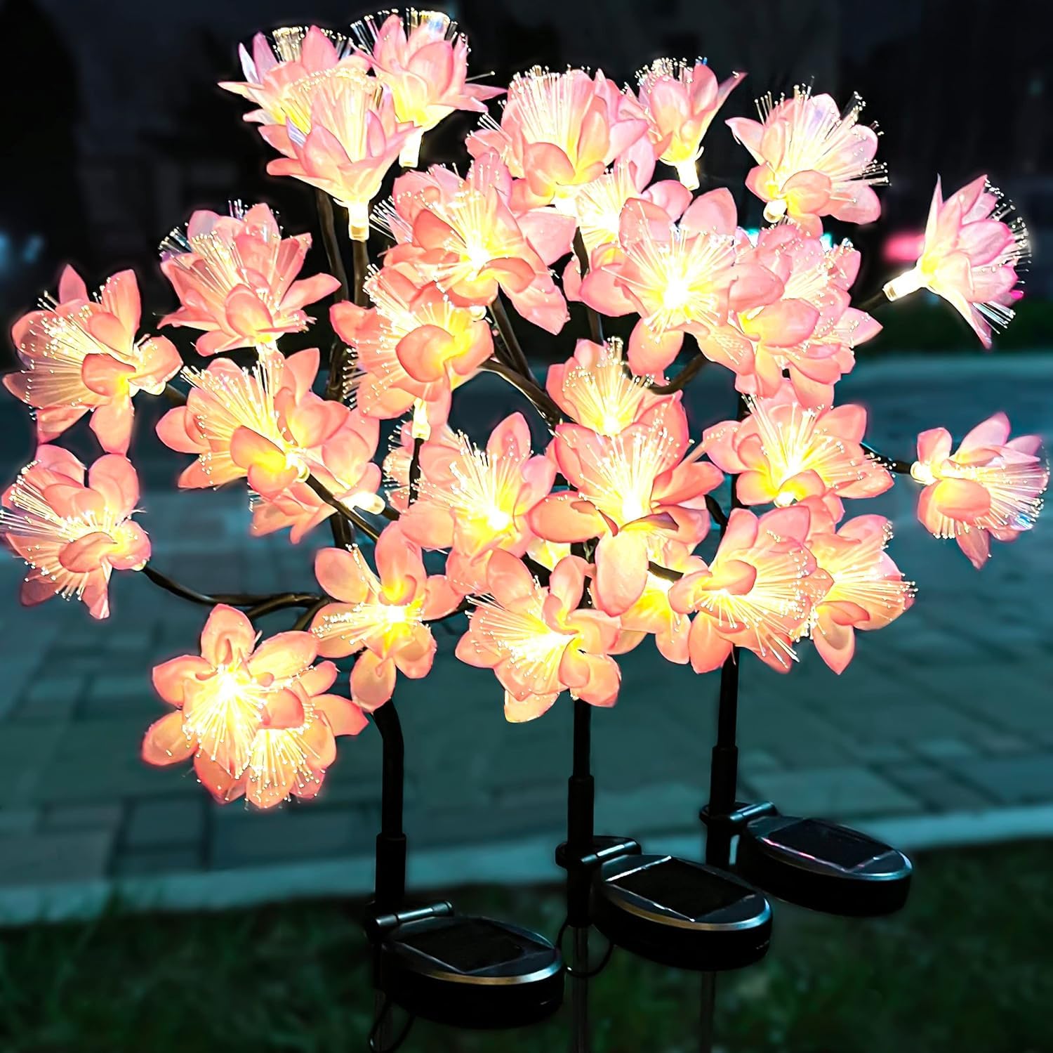 QINER Solar Lights Garden Ornaments Outdoor Flower, 3 Pack 36 LED Garden Lights Solar Powered Waterproof IP65, 2 Modes Peach Blossom Landscape Lighting Creative Pathway Stake for The Patio, Yard, Lawn