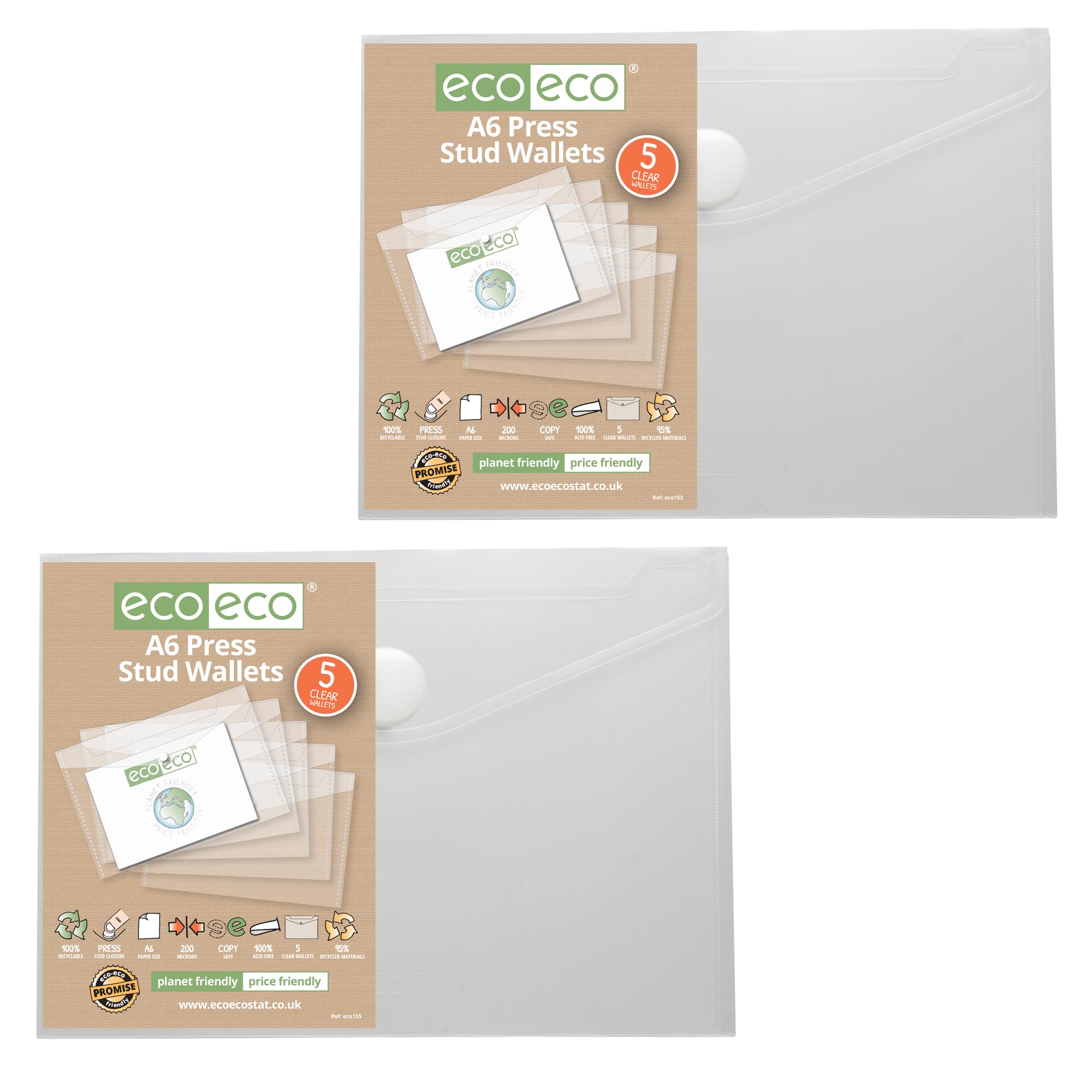eco-eco A6 95% Recycled Clear Press Stud Popper Wallet, Plastic Folders (Pack of 10), eco155x2
