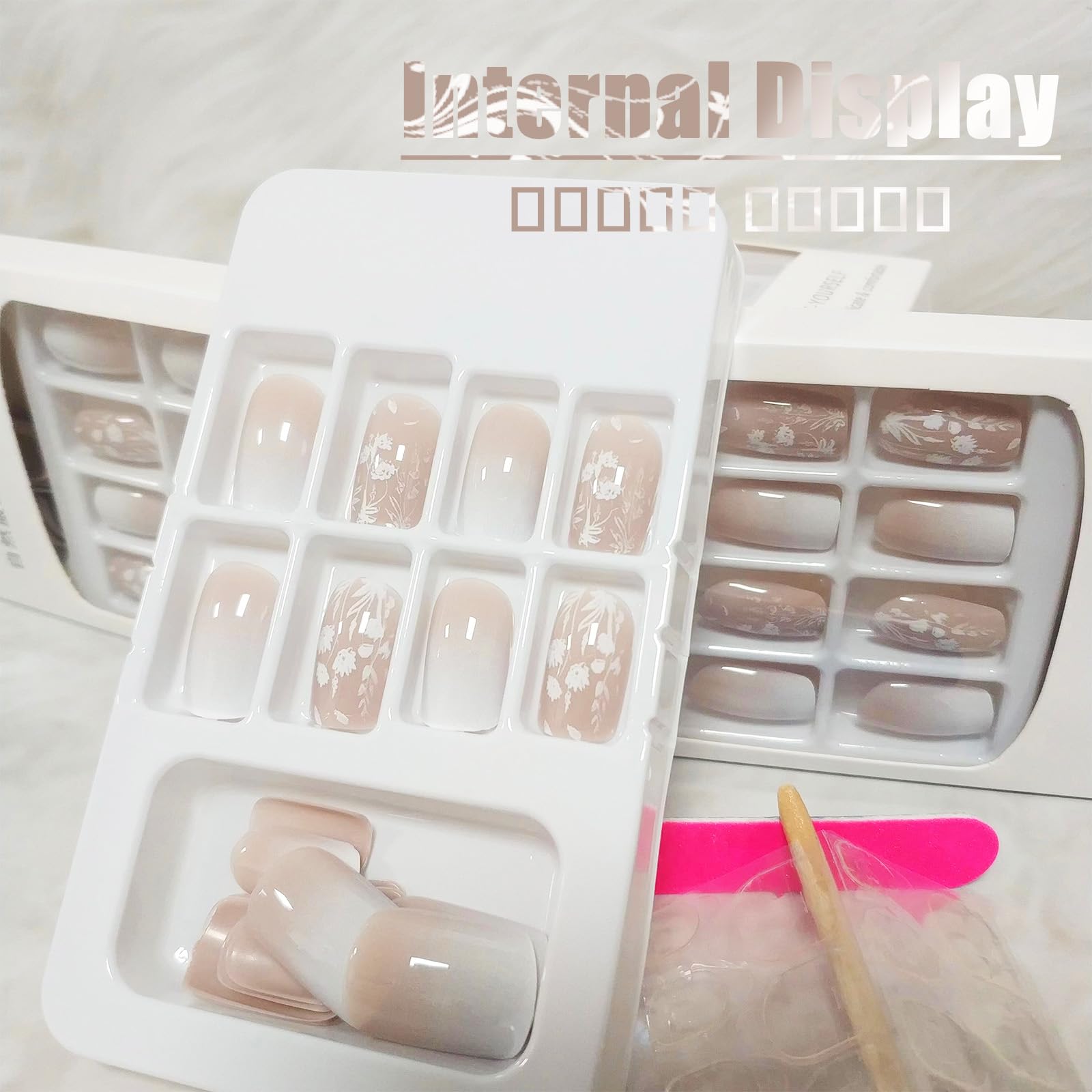 White Gradient Short Square Press on Nails with Flower Leaves Design, Glossy Nude False Nails Gel Glue on Nails, Ombre Manicure Art Fake Nails Stick on Nails for Coquette Women Girls - Image 2