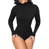 GEMBERA Womens Stretchy Long Sleeve Turtleneck Ribbed Knit Fitted Basic Bodysuit Shirt