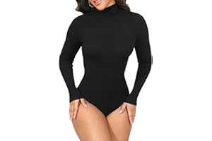 GEMBERA Womens Stretchy Long Sleeve Turtleneck Ribbed Knit Fitted Basic Bodysuit Shirt