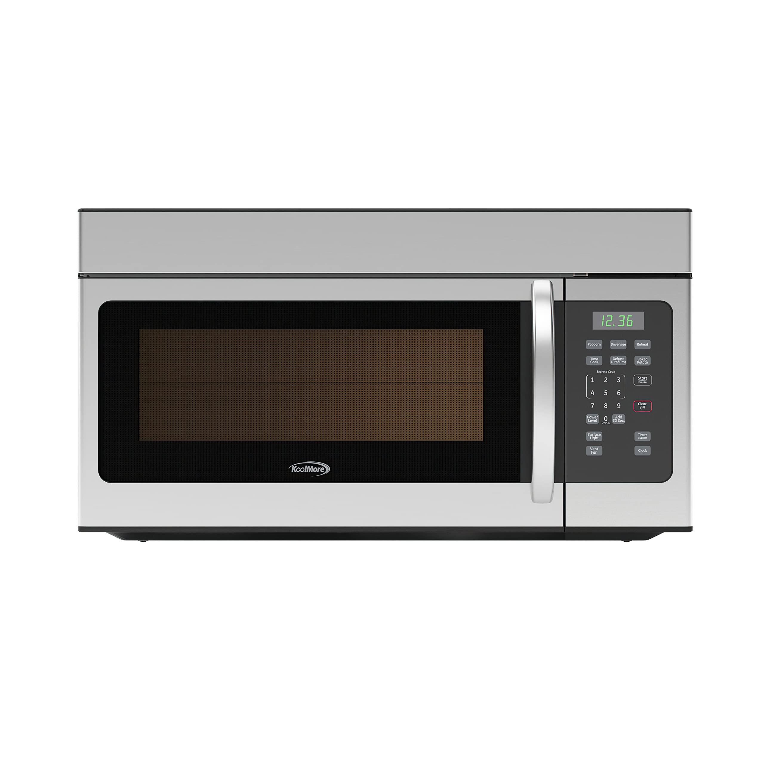 KoolMore KM-MOT-1SS Range Microwave Oven Lamp and 300CFM Recirculation Vent Hood, Auto Cook Menus, Reheat Function, 10 Power Levels, Timer, and Weight Defrost, 30 in/1.6 Cu. Ft, Silver