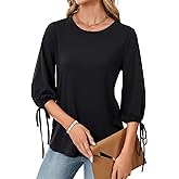 Vrtige Women Blouse 3/4 Tie Bow Sleeve Top Round Neck Tunic Tops Shirt