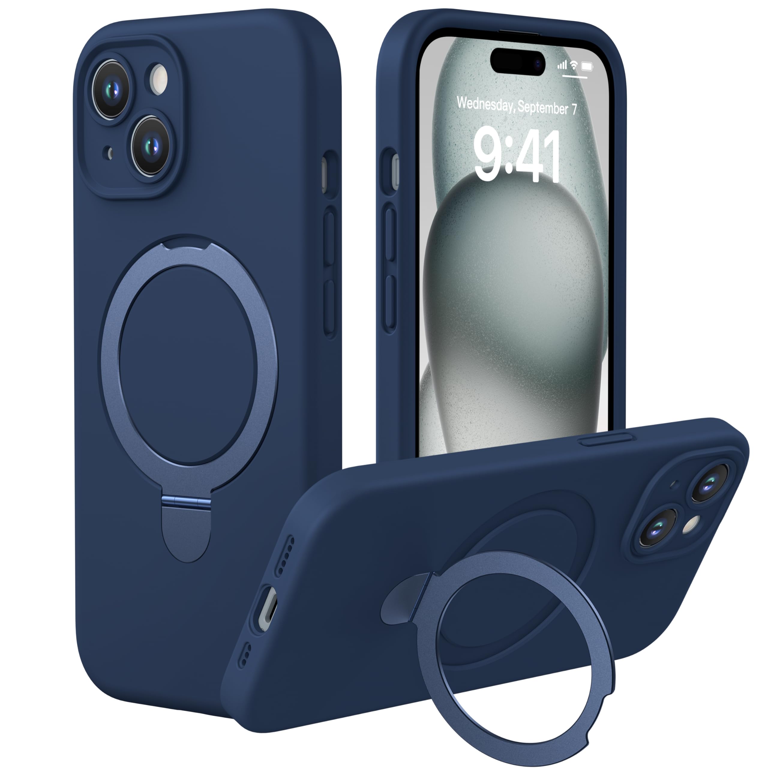 Photo 1 of CellEver Strong Magnetic Case for iPhone 15 [for MagSafe Charging] [Camera Protection] Heavy-Duty Protection, Soft Grip Silicone Cover with Kickstand, Navy Blue