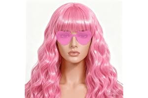 FSLLZCJY Long Curly Wave Wig with Heart Sunglasses and Hair Cap – Set of 3 | Colorful Colored Party Wigs Funny Costume Hairpieces for Halloween Cosplay (Light Pink)