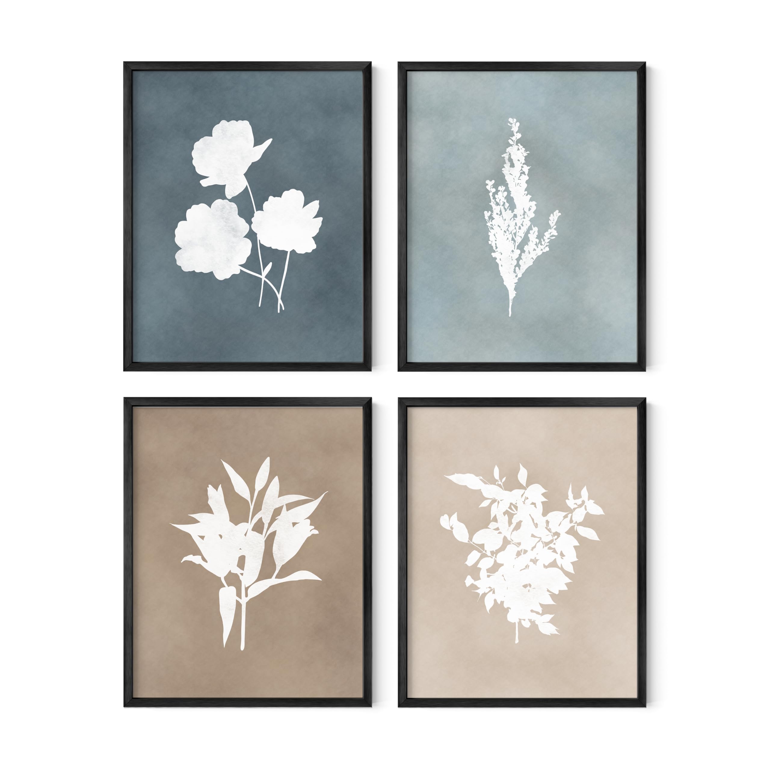 HAUS AND HUES Framed Flower Pictures Wall Decor - Set of 4 Floral Wall Art, Black and White Botanical Prints, Rustic Framed Vintage, Farmhouse Art, Floral Prints (Black Aluminum Frame, 11x14)