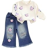 Userdefined Toddler Baby Girl Clothes Fall Long Sleeve Embroidered Sweatshirt Bell Bottom Jeans Pants Set Spring Outfit