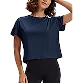 MAGCOMSEN Workout Crop Tops for Women Short Sleeve Cotton Athletic Yoga Top Loose Casual Crewneck Cropped T Shirts