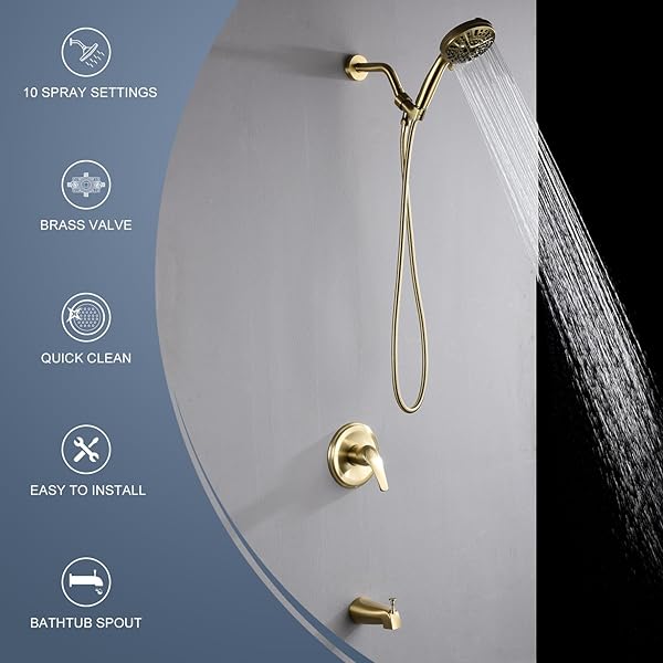 KIRLYSTONE TUB SHOWER FAUCET COMBO, BRUSHED GOLD SHOWER SYSTEM 10 PATTERNS HANDHELD SHOWER HEAD WITH TUB SPOUT, SHOWER TRIM KIT WITH SHOWER HEAD & BRASS VALVE
