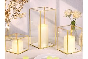 LAMORGIFT 3 Pack Hurricane Glass Candle Holders | Gold- 9.8"| 7.87"| 4.7” Gold Candle Holders Centerpieces for Tables, Fall Table Decor, Decorative Gold Lanterns for Indoor Outdoor, Wedding, Christmas