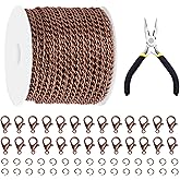 Glarks 102Pcs 30 Feet Jewelry Chains Set Ancient Red Copper Cable Link Chains Link Rolls Bulk Twisted Links Chain Necklace Jewelry Making Chains with Lobster Clasps and Jump Rings for Necklace Jewelry