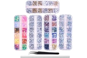 AMOKIA 6400pcs Nail Art Rhinestones, Nail Crystal Gems Nail Diamonds, Gold Silver Nail Studs Colorful Nail Sequins & Rhinestones for Nails Kit with Tweezers and Wax Pen for Nail Art Supplies Accessories