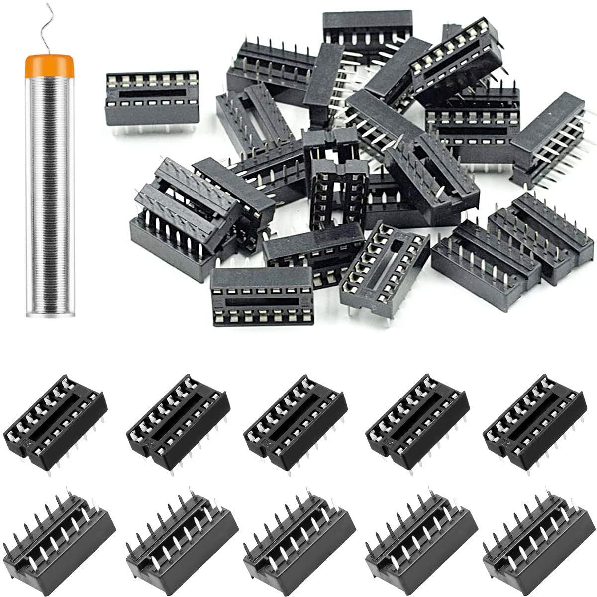 Youmile 50 pcs 14 Pin DIP IC Socket 2.54mm pitch IC Socket Adaptor Solder Type Flat Pin IC Components easy to install with tin wire pen for electronics experiment DIY