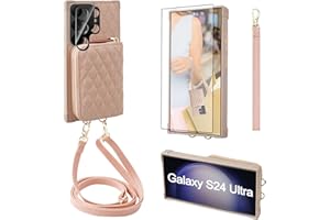 MONASAY Crossbody Wallet Case Compatible for Samsung Galaxy S24 Ultra 6.8 inch[Glass Lens&Screen Protector] Zipper Leather Phone Cover with Card Holder& Handbag Shoulder Lanyard Strap, Rosegold