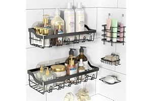 Hsiohe 5 Pack Shower Caddy, Adhesive Shower Organizer for Bathroom Storage, Rustproof Stainless Steel Shower Shelves, No Drilling Large Capacity Shower Rack Shelf for Inside Shower, Black