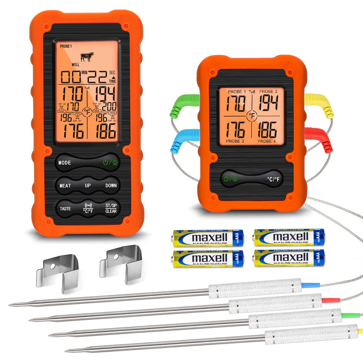 Digital Meat Thermometer for Grill Smoker Oven BBQ - Wireless Meat Thermometer for Grilling Smoking - Kitchen Food Thermometer for Cooking with 4 Probes - Remote Monitor Temperature from 490ft Away