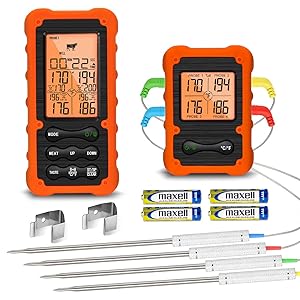 Digital Meat Thermometer for Grill Smoker Oven BBQ - Wireless Meat Thermometer for Grilling Smoking - Kitchen Food Thermometer for Cooking with 4 Probes - Remote Monitor Temperature from 490ft Away