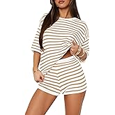 Yousify 2 Piece Sweater Set for Womens Summer Short Sleeve Tops Striped Matching Shorts Lounge Sets S-2XL