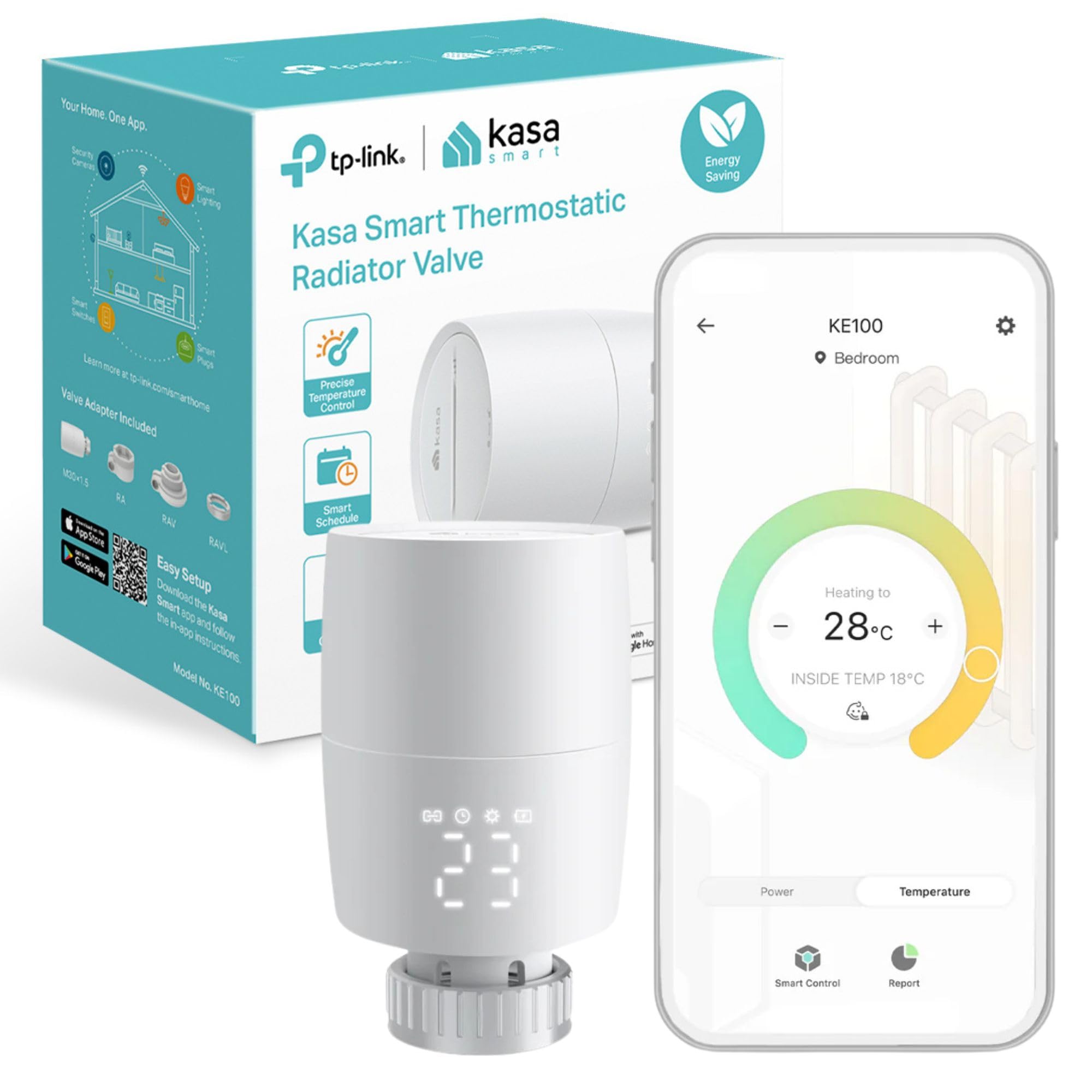 TP-Link Kasa Smart Thermostat Radiator Valve, Smart Radiator Valve, Energy Saving, LED display Radiator Thermostat Valve, Smart TRV Schedule, Works with Alexa & Google Home, Easy installation(KE100)