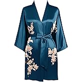 BABEYOND Kimono Robe Cover up Short Satin Floral Silky Kimono Blouse Loose Bachelorette Party Robe