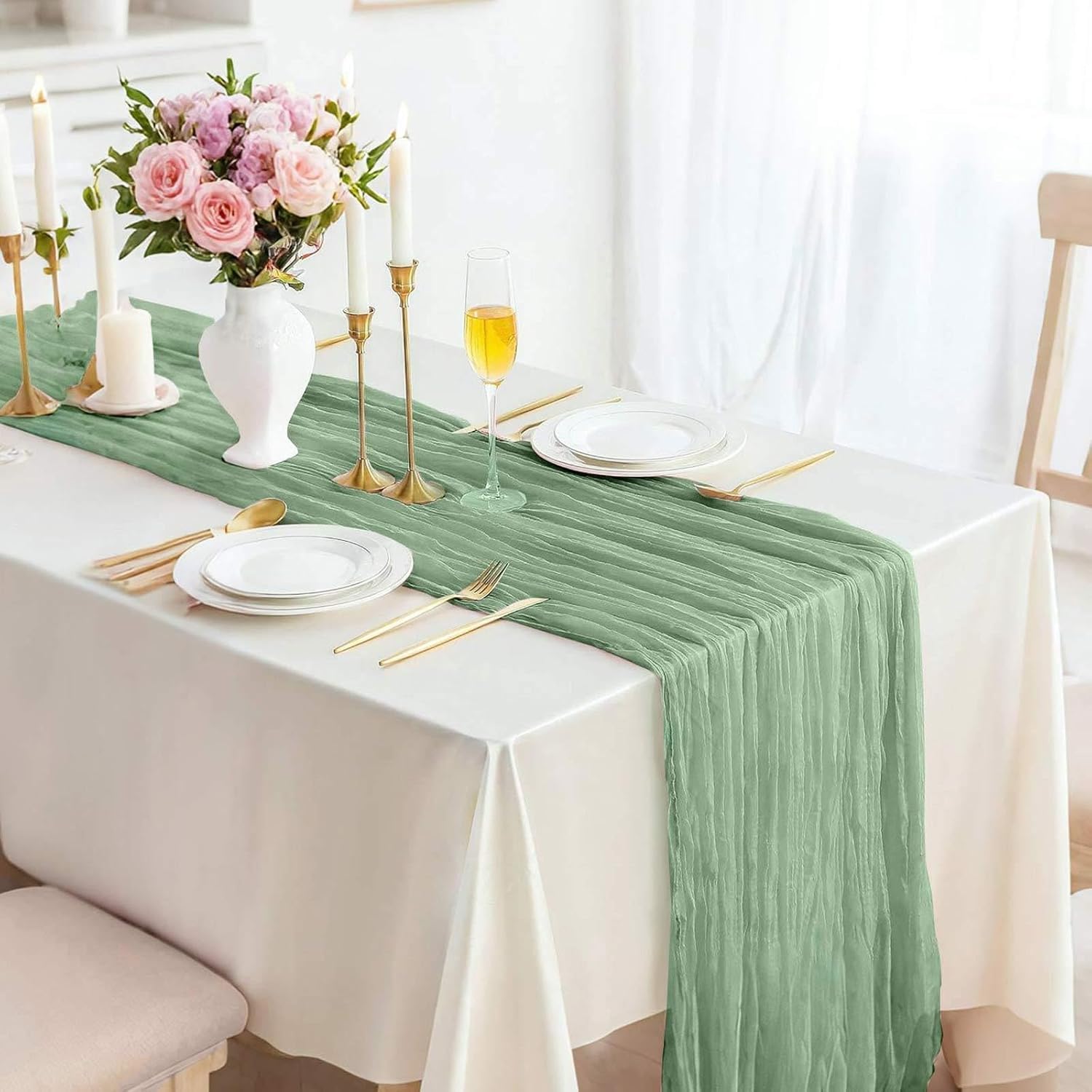 Kesfey 13FT Cheesecloth Table Runner 90x400cm Long Boho Rustic Gauze Table Runners Cheese Cloth for Wedding Party Bridal Baby Shower Birthday Dinner Table Holiday Decorations Sage Green