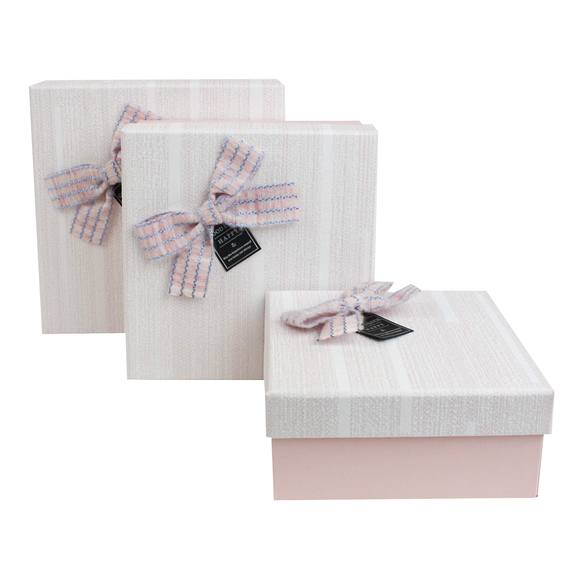 Emartbuy Set of 3 Rigid Luxury Square Shaped Presentation Gift Box, Baby Pink Box with Textured Lid, Chocolate Brown Interior and Striped Decorative Bow Ribbon
