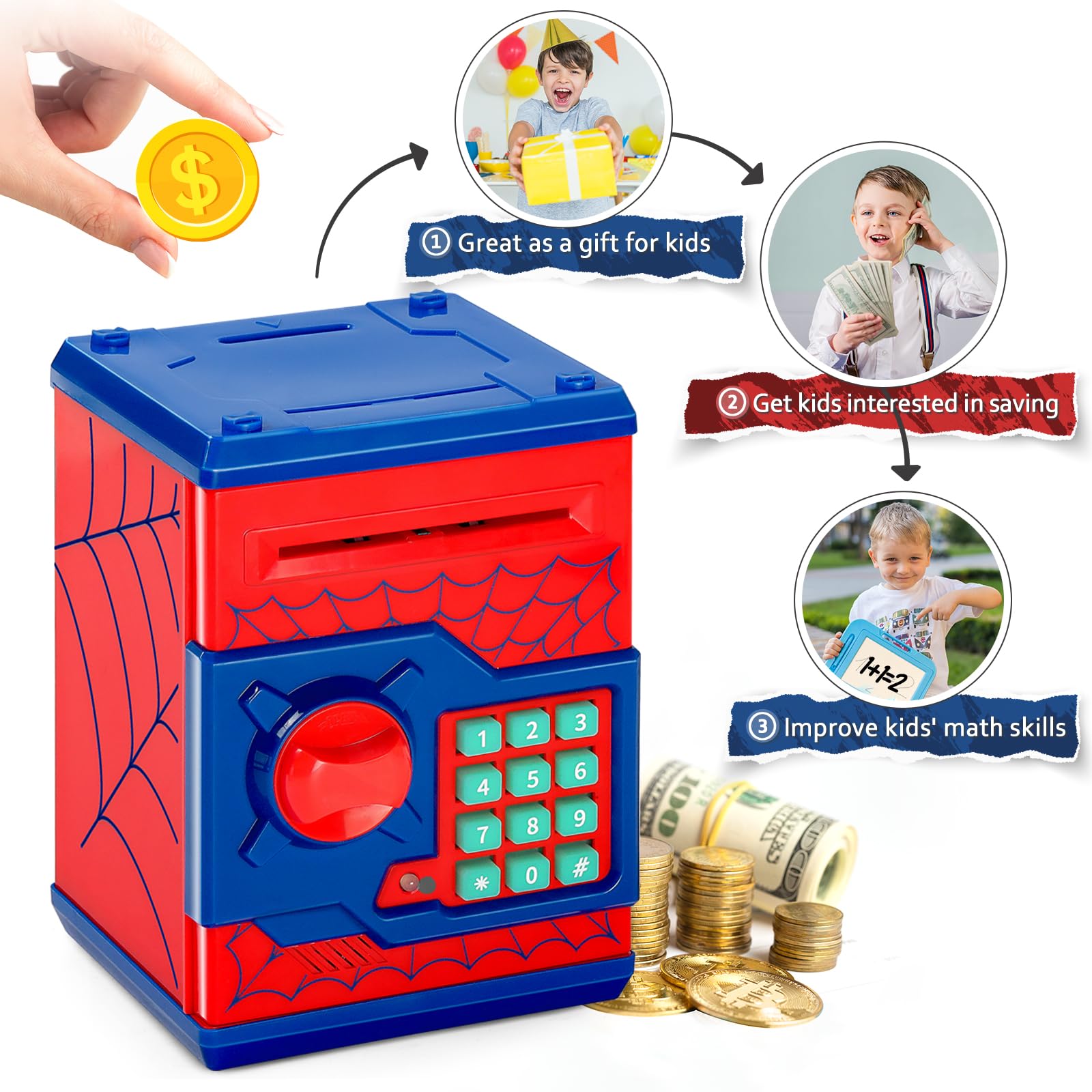 ATM Piggy Bank for Boys Girls, Vcertcpl Mini ATM Coin Bank Money Saving Box with Password, Kids Safe Money Jar for Adults with Auto Grab Bill Slot, Great Gift Toy Bank for Kids S Red