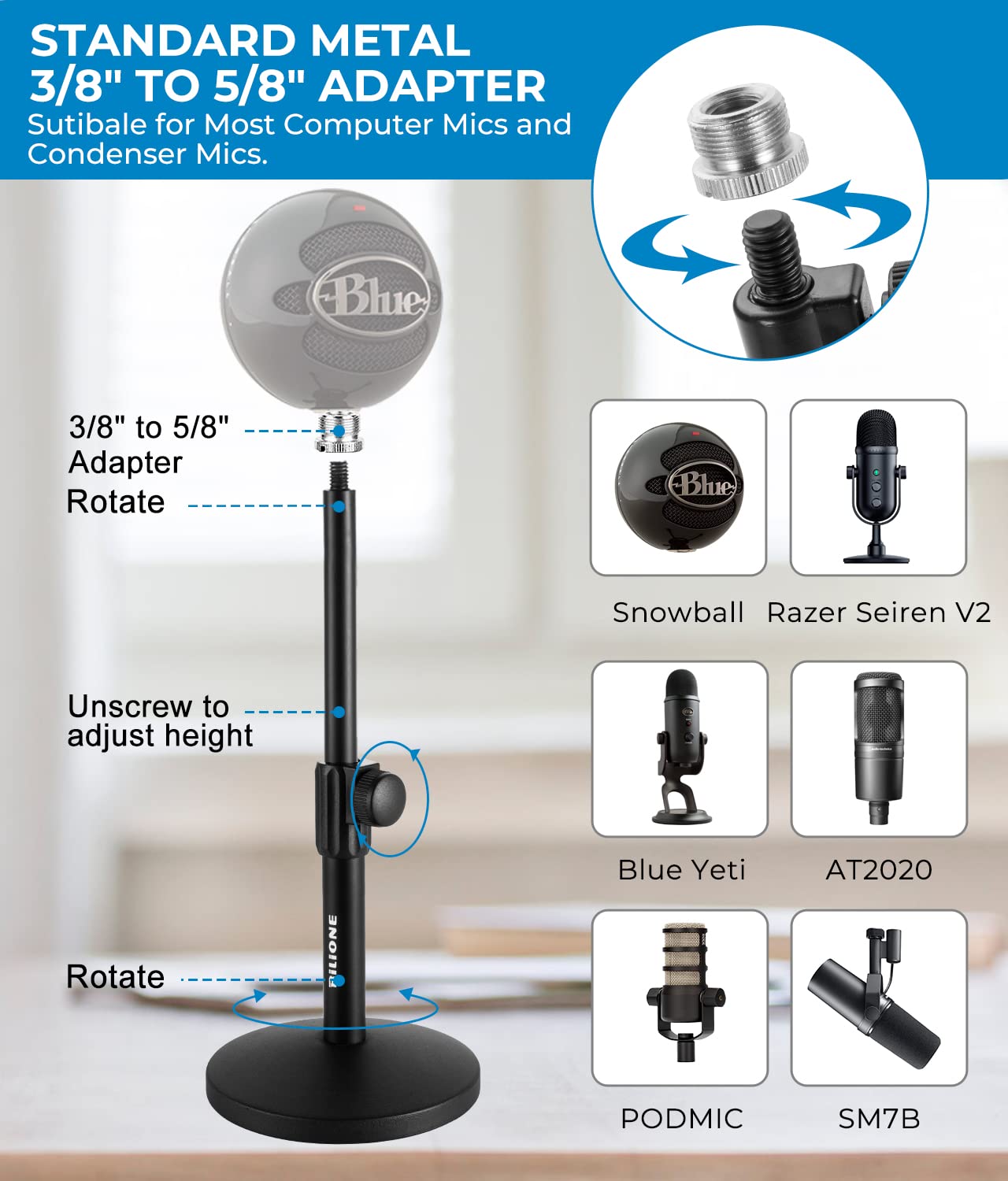 BILIONE Multifunctional Desktop Microphone Stand, Adjustable Mic Stand Desk with Pop Filter, Shock Mount, Microphone Clip, 5/8