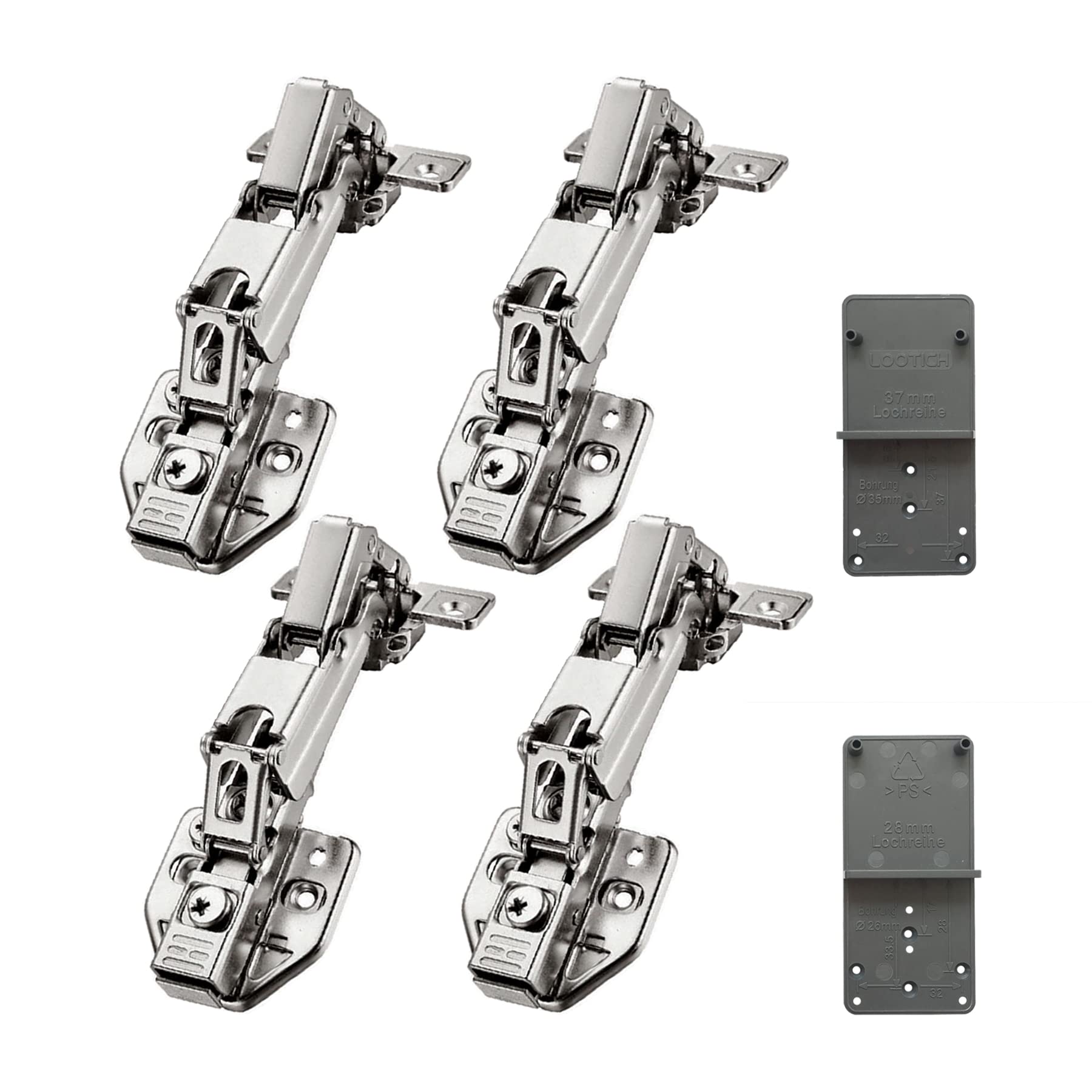 LOOTICH Clip-On 165 Degree Full Overlay Hinges 35mm with Hydraulic Damper for Kitchen Cabinet Cupboard Wardrobe Door Metal Soft Close Hinge with Cushioning Pack of 4