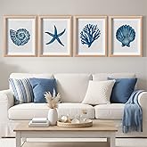 Memorywuu 4 Pack Framed Coastal Wall Art Set, Seashell Starfish Coral Conch Prints with Wooden Frame Beach Nautical Wall Deco