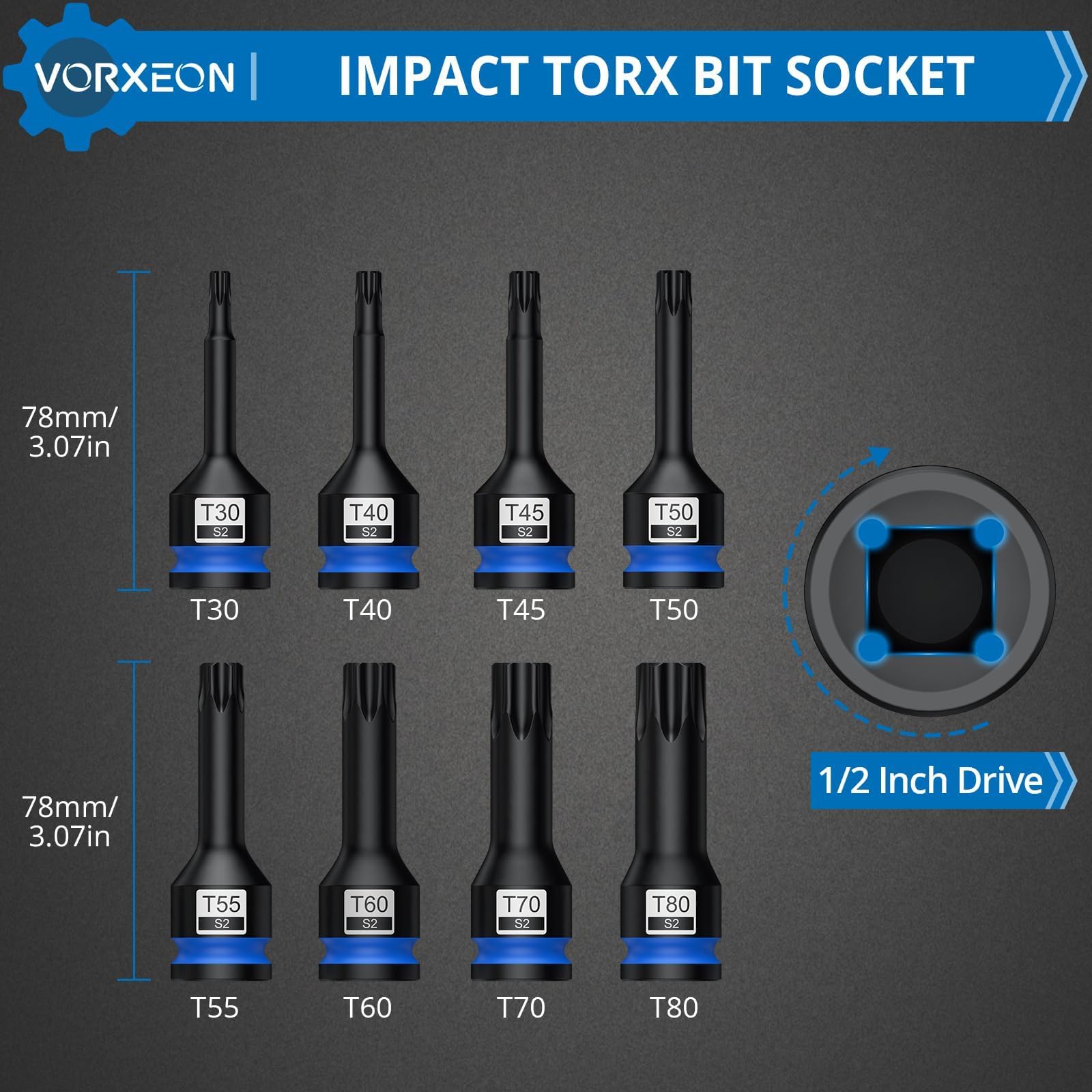 VORXEON 8-teiliges 1/2 Torx-Steckschlüssel-Set en S2 Stahl s*per Hard T30 T40 T45 T50 T55 T60 T70 T80 1/2 Drive Impact Star Bit Steckschlüssel-Set mit Aufbewahrungskoffer für elektrische 3