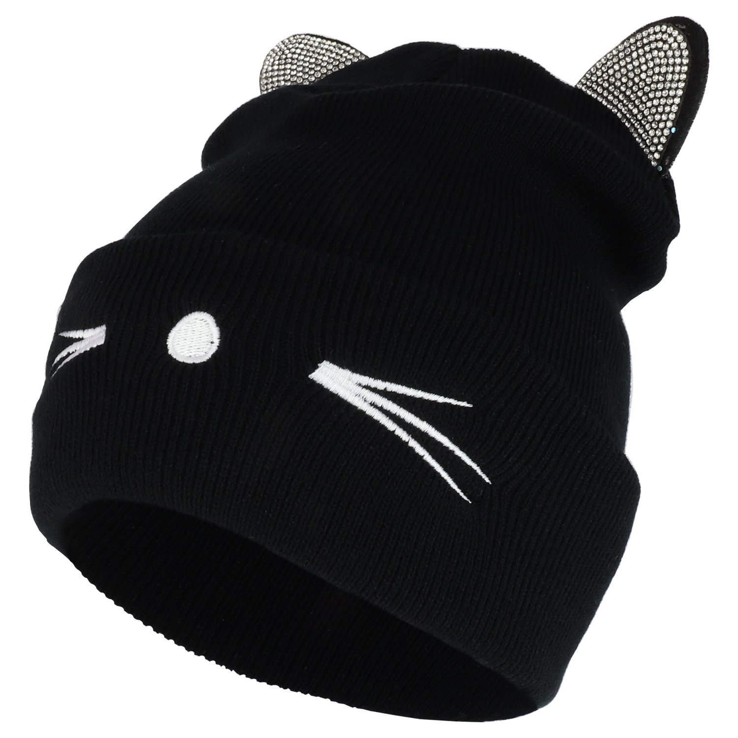 Armycrew Rhinestone Cat Ear Long Cuff Beanie with Nose Whisker