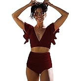 SPORLIKE Women Ruffle High Waist Swimsuit Two Pieces Push Up Tropical Print Bikini