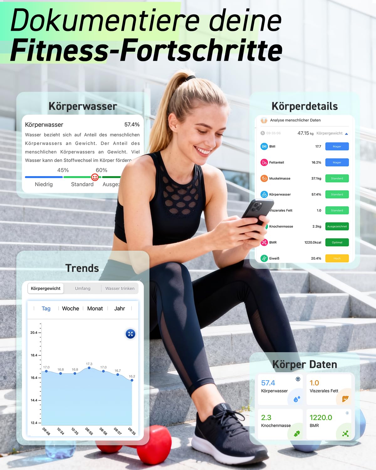 INSMART Personenwaage Digital, Waage personen mit Bluetooth, Körperfettwaage für BMI, Gewicht, Körperfett, Pulsschlag, Muskelmasse, Wasser, Protein, Skelettmuskel, Knochengewicht, BMR, usw. 5