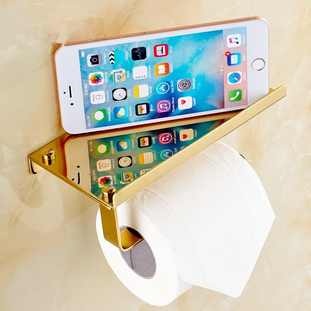 Stainless Steel Gold Toilet Paper Holder Plating Bathroom Shelf Tissue Roll Holder with Phone Shelf