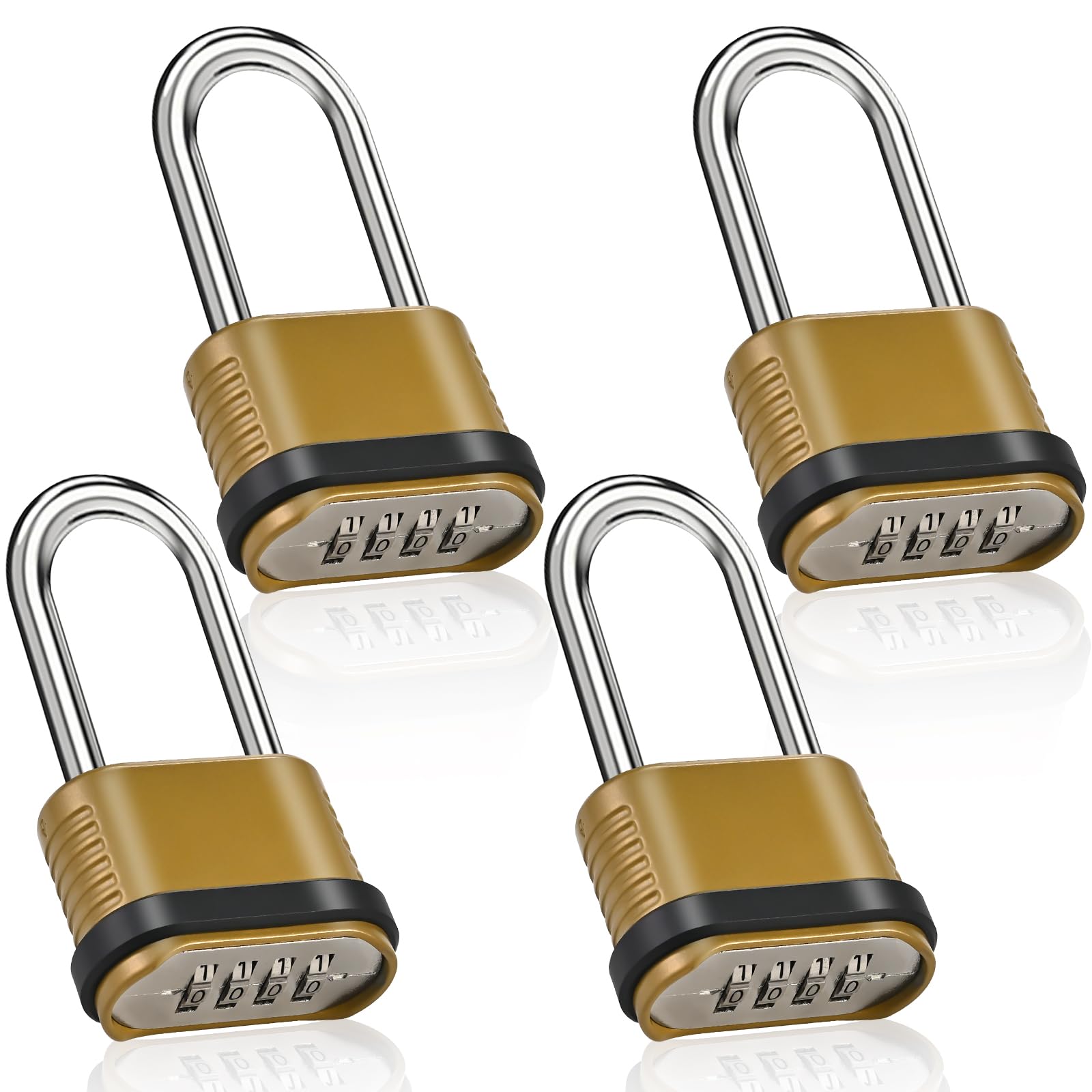 Photo 1 of 4 Pack Long Shackle Combination Padlock - 105mm Heavy Duty Combination Locks, Outdoor Waterproof Combo Lock for Outdoor Fence, Locker, Sheds, Gym, Gate Hasps- Golden (4pcs, Long Shackle)