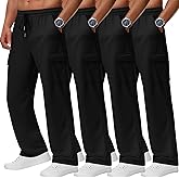 August Alley 4 Pack Men's Cargo Sweatpants Straight Leg Open Bottom Baggy Joggers Pockets Drawstring Lightweight Lounge Pants