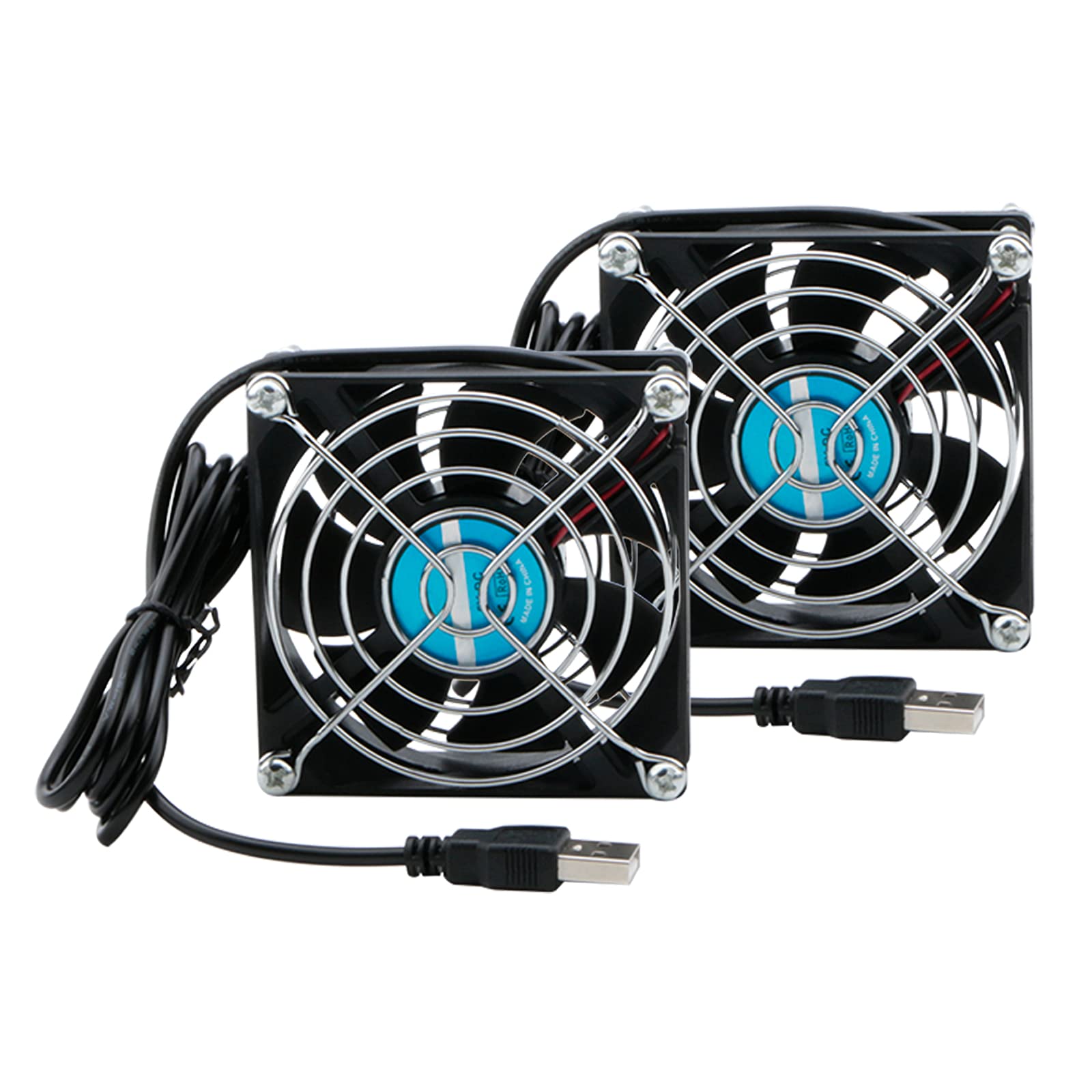 Rowiz 2pcs DC 5V 80mm (8cm) Case Fan with Metal Finger Guard, Silent Cooler USB Connected Cooling Fan for Router PC CPU TV Box, 80×80×25mm