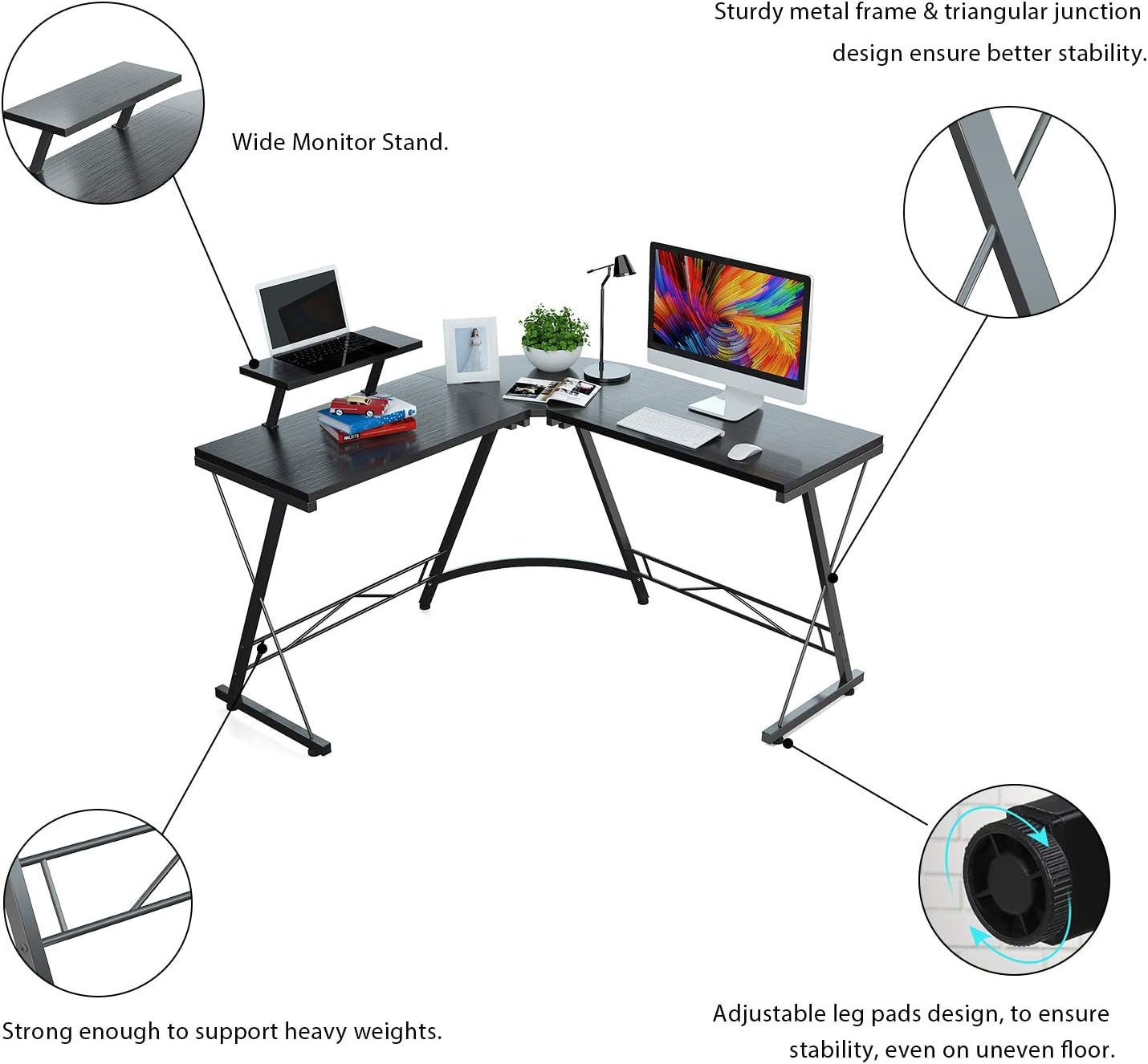 Foxemart L Shaped Desk 50.8" Computer Desk with Round Corner Modern Sturdy Gaming Home Office Desks with Large Monitor Shelf for Office, Workstation, Bedroom, Living Room, Black: Kitchen & Dining