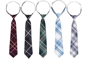 Sucrain 5pcs Boy's Necktie Pre-tied Adjustable Neck Strap Tie Plaid Zipper Tie for Wedding Graduation School Cosplay Uniforms